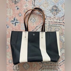 MCM Canvas Stripe Ilse East West Shopper Tote Black White